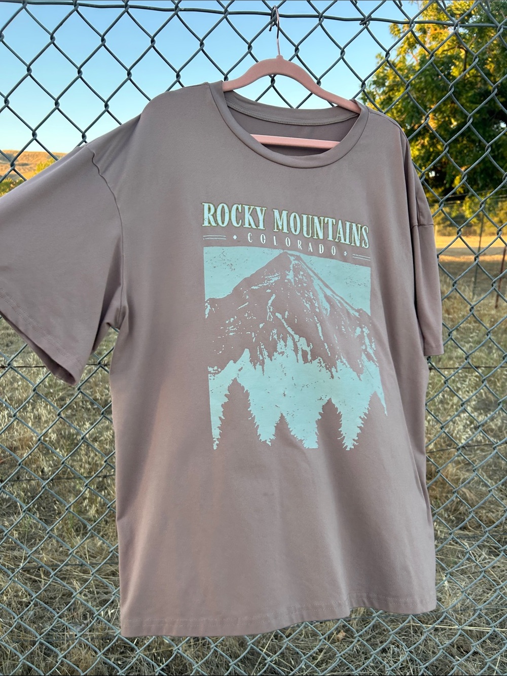 Rocky Mountains Graphic Tee in Dusty Mauve and light green logo